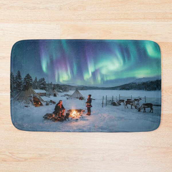 Item preview, Symphony of the Northern Lights: Reindeer Camp and Aurora Borealis Art Print, Nordic Documentary Photography designed and sold by SOOstudio73.