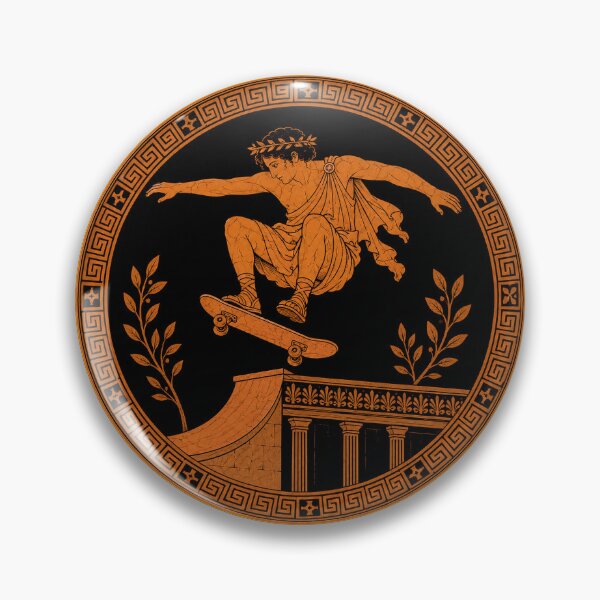 Item preview, Ancient Greek Red-Figure Skater on Skateboard Above Classical Temple Round Vase Motif designed and sold by portokalis.