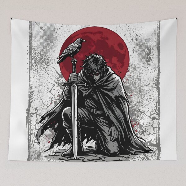 Item preview, Dark Fantasy Warrior With Sword and Raven Under Red Moon designed and sold by StickerNestYou.