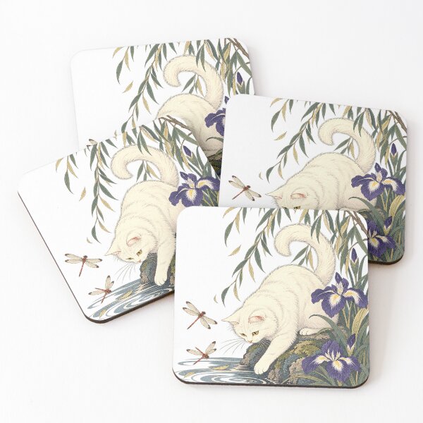 Item preview, Japanese style white cat at the iris pond designed and sold by Kallandra.