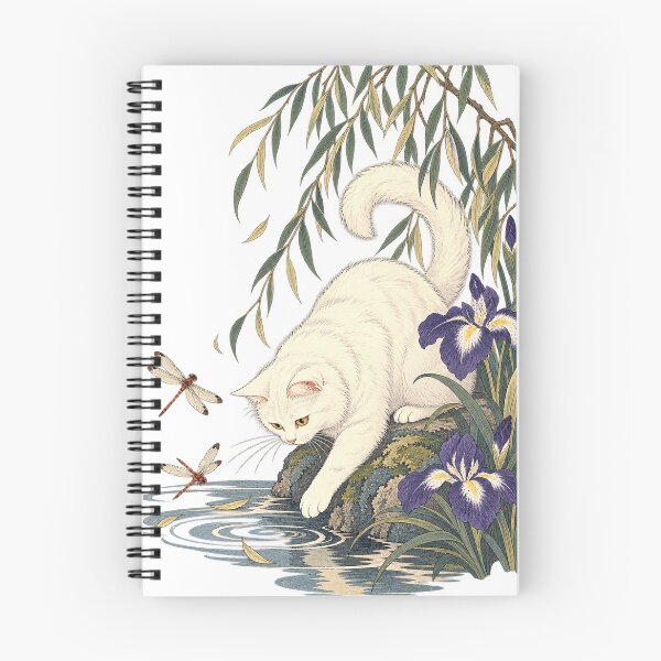Item preview, Japanese style white cat at the iris pond designed and sold by Kallandra.