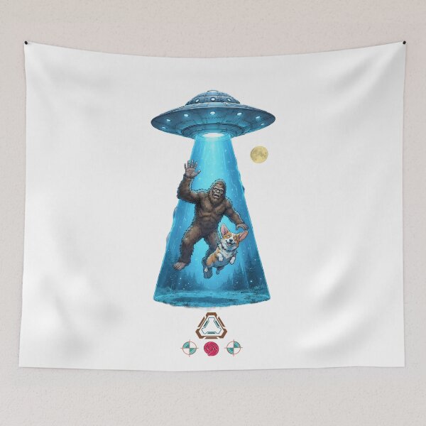 Item preview, Bigfoot and Corgi UFO Abduction - Funny Alien Encounter Illustration designed and sold by Whimsy Trail Co.