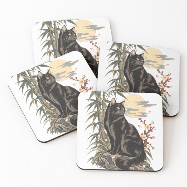 Item preview, Black Cat in Moon Garden Japanese Style Ukeyo-e designed and sold by Kallandra.