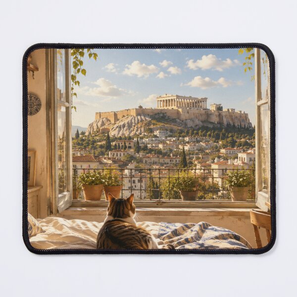 Item preview, Cat Contemplating the Acropolis of Athens designed and sold by VECINDARIO MULTIVERSO.
