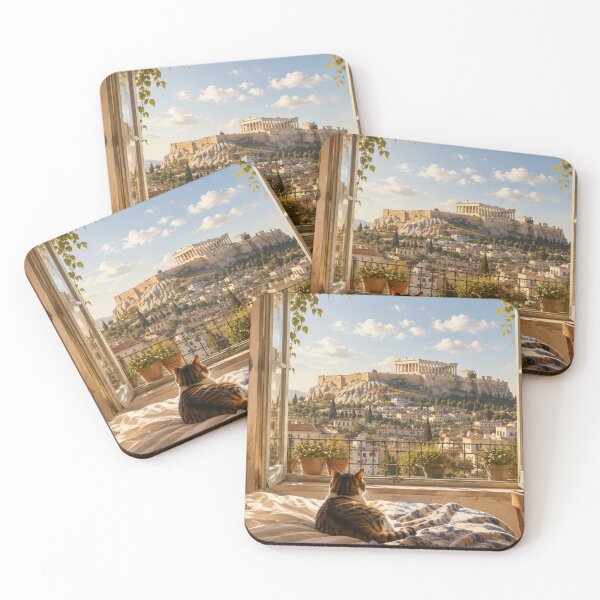 Item preview, Cat Contemplating the Acropolis of Athens designed and sold by VECINDARIO MULTIVERSO.