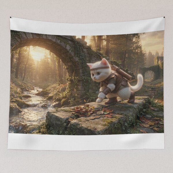 Item preview, Woodland Ranger Kitten — Ancient Bridge Ruins Illustration designed and sold by NikmaArt.