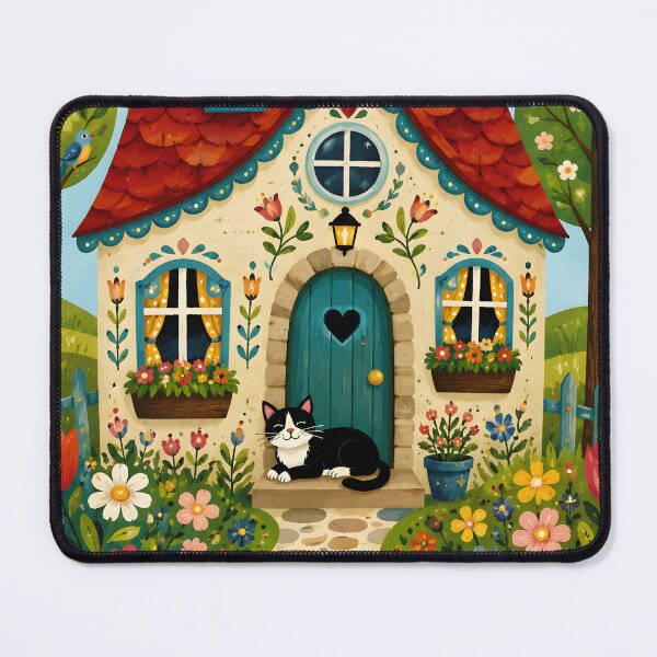 Item preview, Whimsical Cat Cottage – Colorful Naive Folk Art with Cats designed and sold by AnyMar2023.
