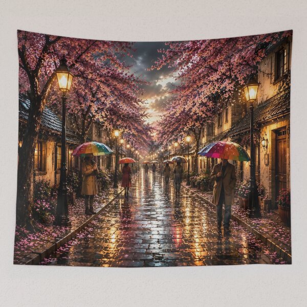 Item preview, Cherry Blossom Rain – Romantic Rainy Street at Golden Hour designed and sold by DreamyWallVibes.