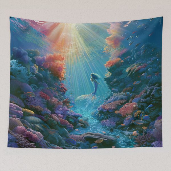 Item preview, A beautiful Mermaid swimming among colourful coral reefs surrounded by tropical fish and shafts of sunlight filtering through crystal-clear water, Fantasy & Mythological Creatures designed and sold by CDC40.
