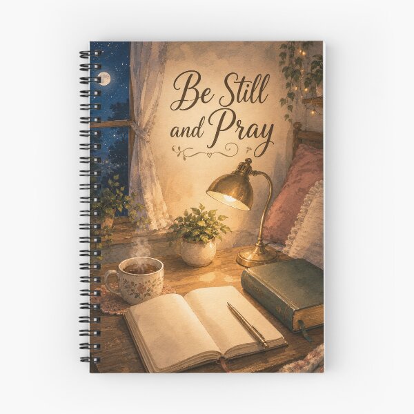 Item preview, Be Still and Pray – Cozy Christian Night Room - Spiral Notebooks designed and sold by Grace Unlocked.