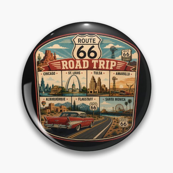 Item preview, Route 66 Landmarks Illustration Travel Art Badge designed and sold by KrisSidDesigns.
