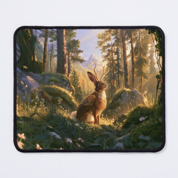 Item preview, A Wolpertinger standing alert among wildflowers and ferns in a beautiful alpine forest, Fantasy & Mythological Creatures designed and sold by CDC40.