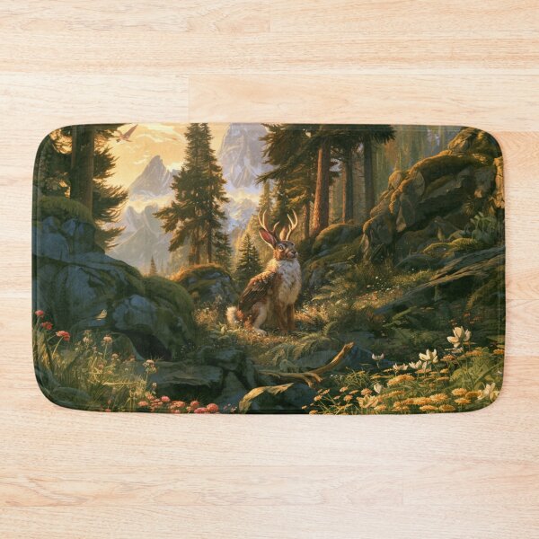 Item preview, A Wolpertinger standing alert among wildflowers and ferns in a beautiful alpine forest, Fantasy & Mythological Creatures designed and sold by CDC40.