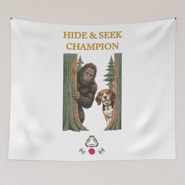 Item preview, Bigfoot and Beagle Buddies - Peeking from the Forest - Vintage Style Illustration designed and sold by Whimsy Trail Co.