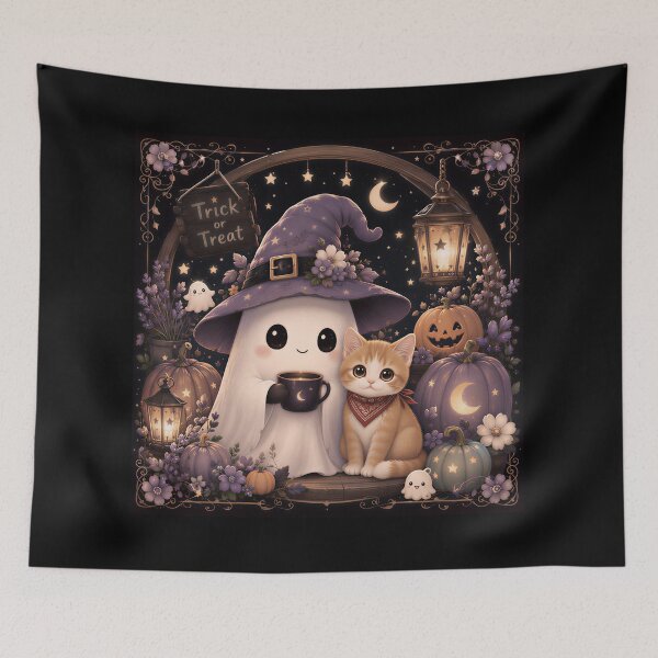 Item preview, Cute Ghost Witch And Orange Cat Halloween designed and sold by Soluna Studio.
