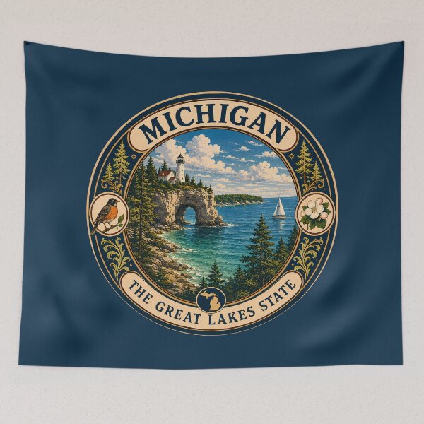 Item preview, Michigan Landscape Illustration Travel Art Badge designed and sold by KrisSidDesigns.