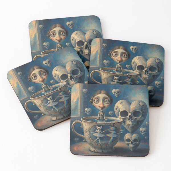 Item preview, Pop Surrealism Teacup Girl Floating Heart Skulls Cat Ballerina designed and sold by LujziWorld.