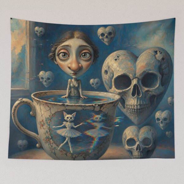 Item preview, Pop Surrealism Teacup Girl Floating Heart Skulls Cat Ballerina designed and sold by LujziWorld.