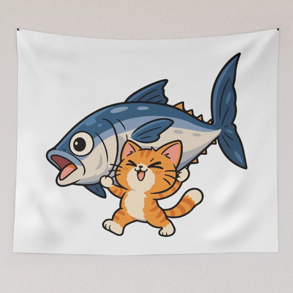 Item preview, Happy Cat With Big Fish Funny Fishing Cat designed and sold by MewMade.
