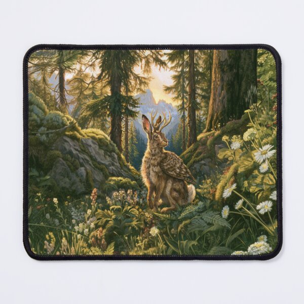 Item preview, A Wolpertinger standing alert among wildflowers and ferns in a beautiful alpine forest, Fantasy & Mythological Creatures designed and sold by CDC40.