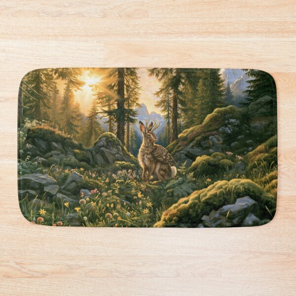 Item preview, A Wolpertinger standing alert among wildflowers and ferns in a beautiful alpine forest, Fantasy & Mythological Creatures designed and sold by CDC40.