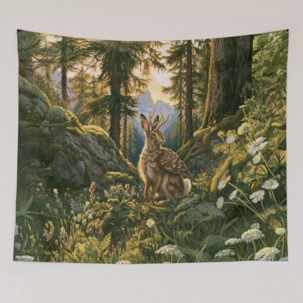 Item preview, A Wolpertinger standing alert among wildflowers and ferns in a beautiful alpine forest, Fantasy & Mythological Creatures designed and sold by CDC40.