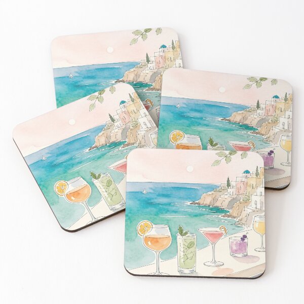 Item preview, Aquarelle Poster Painting of coctails above a turquise Mediteranian Greek beach designed and sold by Printsincolor.