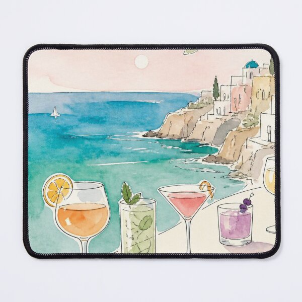 Item preview, Aquarelle Poster Painting of coctails above a turquise Mediteranian Greek beach designed and sold by Printsincolor.