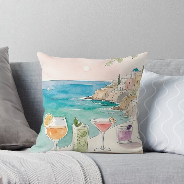 Item preview, Aquarelle Poster Painting of coctails above a turquise Mediteranian Greek beach designed and sold by Printsincolor.