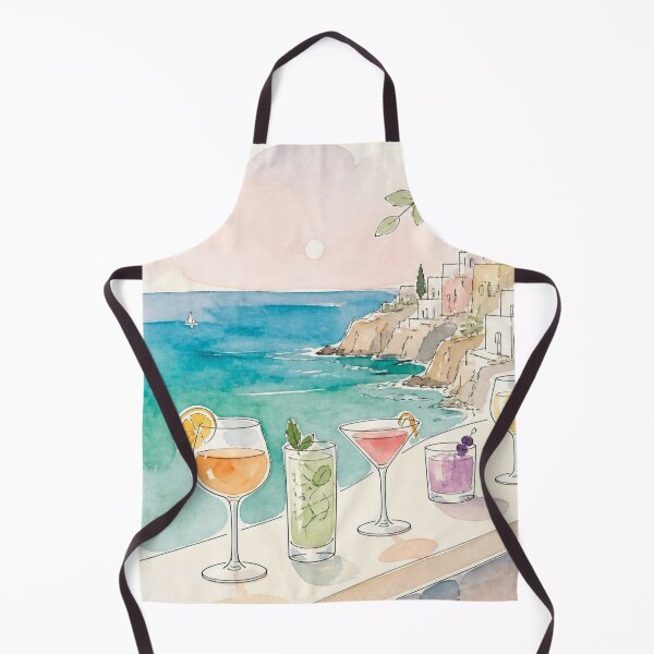 Item preview, Aquarelle Poster Painting of coctails above a turquise Mediteranian Greek beach designed and sold by Printsincolor.