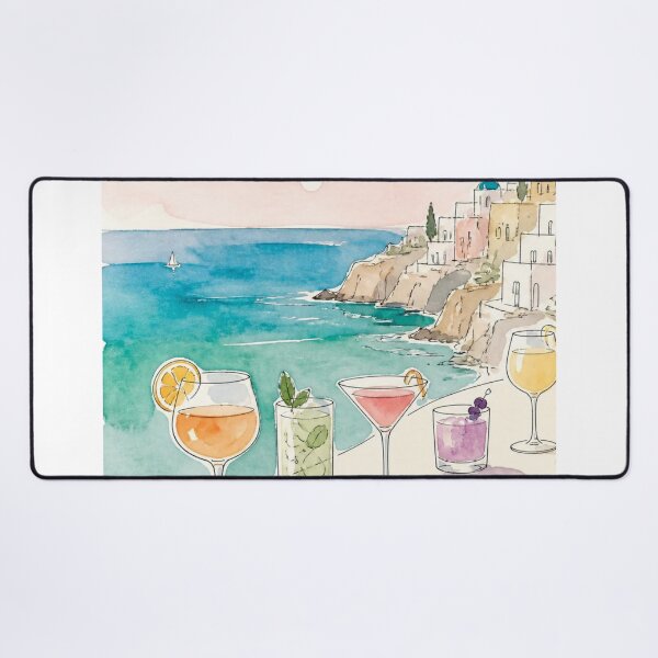 Item preview, Aquarelle Poster Painting of coctails above a turquise Mediteranian Greek beach designed and sold by Printsincolor.
