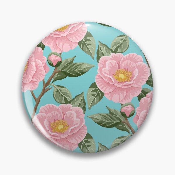 Item preview, Pink camellias on a blue background designed and sold by Cheekyleopard.