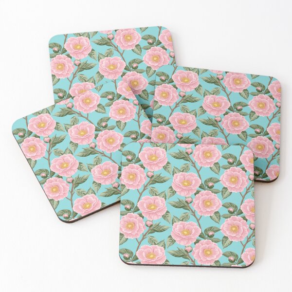 Item preview, Pink camellias on a blue background designed and sold by Cheekyleopard.