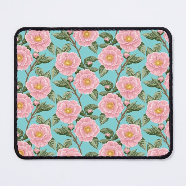 Item preview, Pink camellias on a blue background designed and sold by Cheekyleopard.
