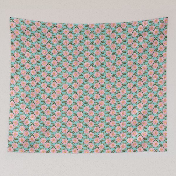 Item preview, Pink camellias on a blue background designed and sold by Cheekyleopard.