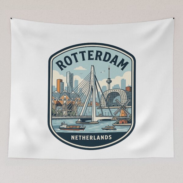 Aperçu de l'œuvre Rotterdam, Pays-Bas, badge de voyage vintage représentant la skyline de la ville créée et vendue par k3rstman1.