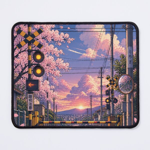 Item preview, Cherry Blossom Railway Crossing at Sunset designed and sold by NzrProcreate.
