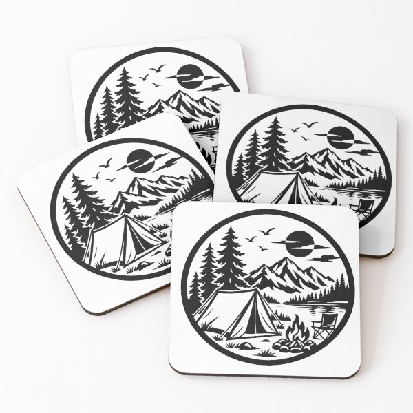 Item preview, Camping Mountain Badge – Black & White Wilderness Adventure designed and sold by Timber-Trail.