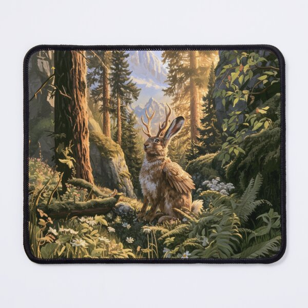 Item preview, A Wolpertinger standing alert among wildflowers and ferns in a beautiful alpine forest, Fantasy & Mythological Creatures designed and sold by CDC40.