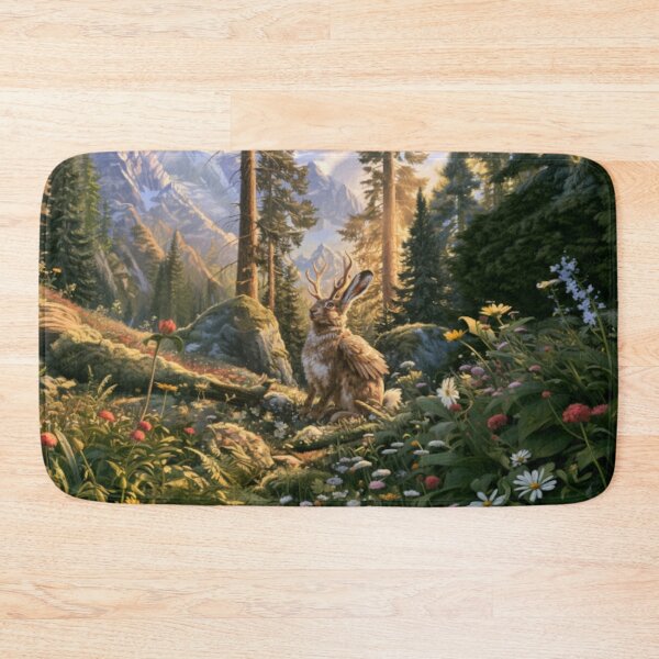 Item preview, A Wolpertinger standing alert among wildflowers and ferns in a beautiful alpine forest, Fantasy & Mythological Creatures designed and sold by CDC40.