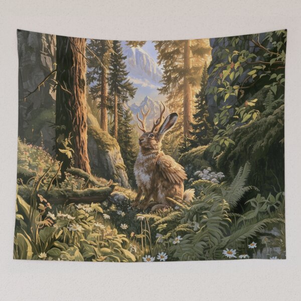 Item preview, A Wolpertinger standing alert among wildflowers and ferns in a beautiful alpine forest, Fantasy & Mythological Creatures designed and sold by CDC40.