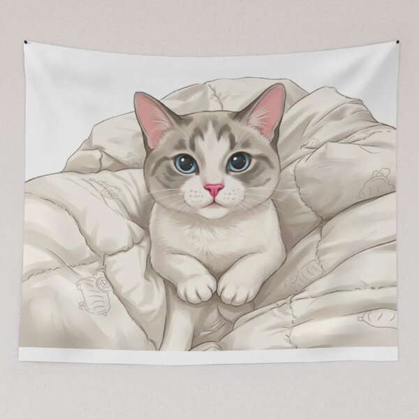 Item preview, Cute Cat Snuggling in Cozy Blanket Blue Eyes Anime designed and sold by PetalsPaws.