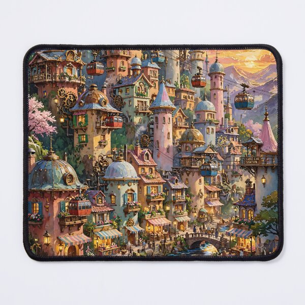 Item preview, Whimsical Steampunk Castle Town - Sunset Airships And Colorful Towers designed and sold by Jozefin's Studio.