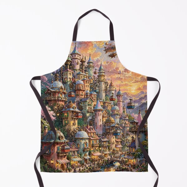 Item preview, Whimsical Steampunk Castle Town - Sunset Airships And Colorful Towers designed and sold by Jozefin's Studio.