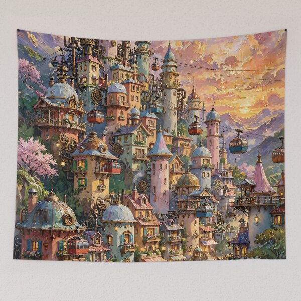 Item preview, Whimsical Steampunk Castle Town - Sunset Airships And Colorful Towers designed and sold by Jozefin's Studio.