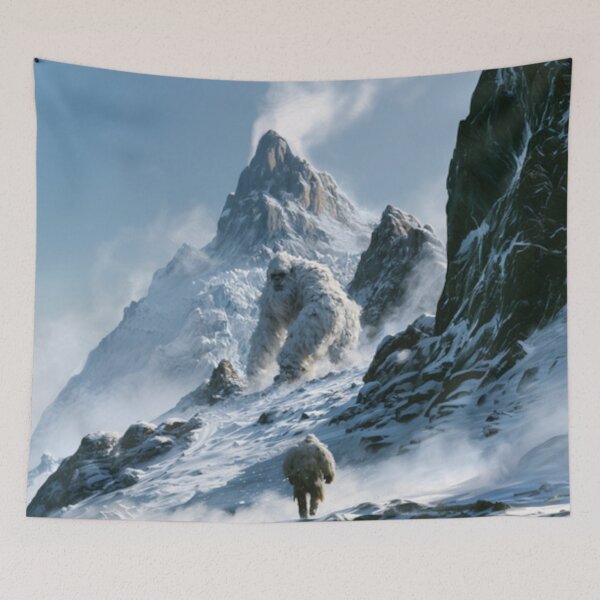 Item preview, A towering Yeti trekking through blizzard-covered Himalayan peaks surrounded by towering glaciers and blowing snow, Fantasy & Mythological Creatures designed and sold by CDC40.