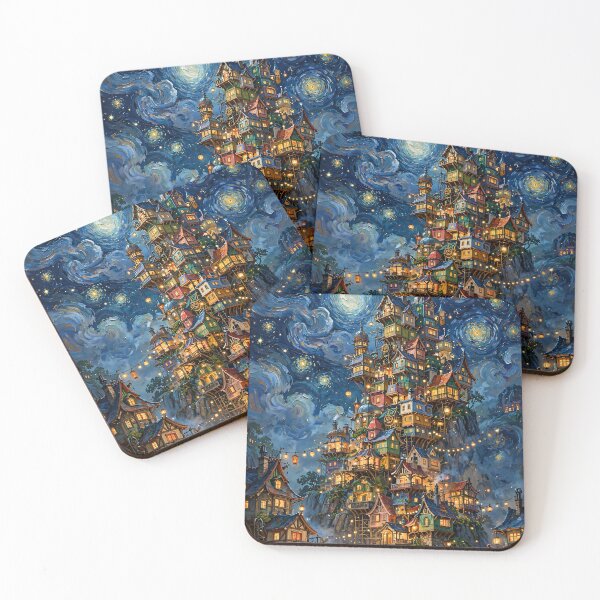 Item preview, Whimsical Starry Night Fantasy Village - Stacked Cliffside Town And Glowing Lights designed and sold by Jozefin's Studio.