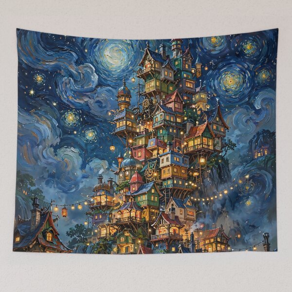 Item preview, Whimsical Starry Night Fantasy Village - Stacked Cliffside Town And Glowing Lights designed and sold by Jozefin's Studio.