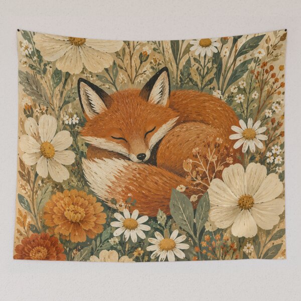 Item preview, Sleeping Fox In Wildflowers - Vintage Cottagecore Floral Folk Art designed and sold by Jozefin's Studio.