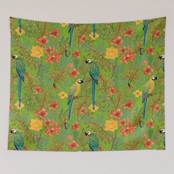 Item preview, Lush Arts and crafts parrot jungle on biophilic green designed and sold by Anne Londez Studio.